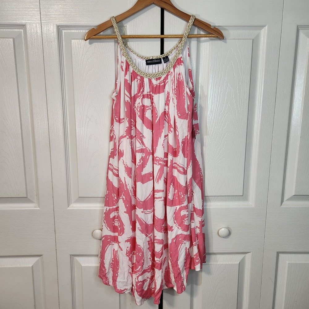Nina Leonard Pink White Abstract Print Dress Gold Braided Trim Size S Sleeveless